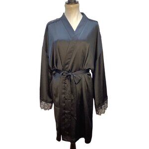 Victorias Secret XL-XXL Black Satin Robe With Lace Trim Elegant Luxury